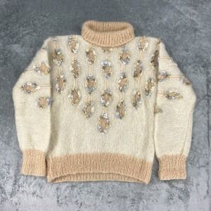 Vtg‎ Roberta Lawson Sweater Womens S Cream Fuzzy Mohair Blend Shaggy Turtle Neck